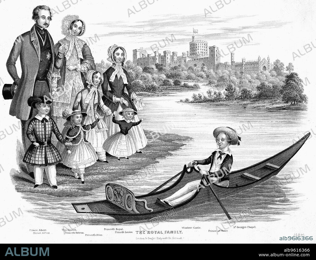 Queen Victoria and Prince Albert with their six eldest children, c1850. Louisa the youngest shown here, born 1848. Their eldest son, the Prince of Wales (later Edward VII) is in the boat. The others are (from left to right): Prince Alfred, Princess Helena, Princess Alice, the Princess Royal and Princess Louise, the youngest of the six, born in 1848. Windsor Castle is in the background.