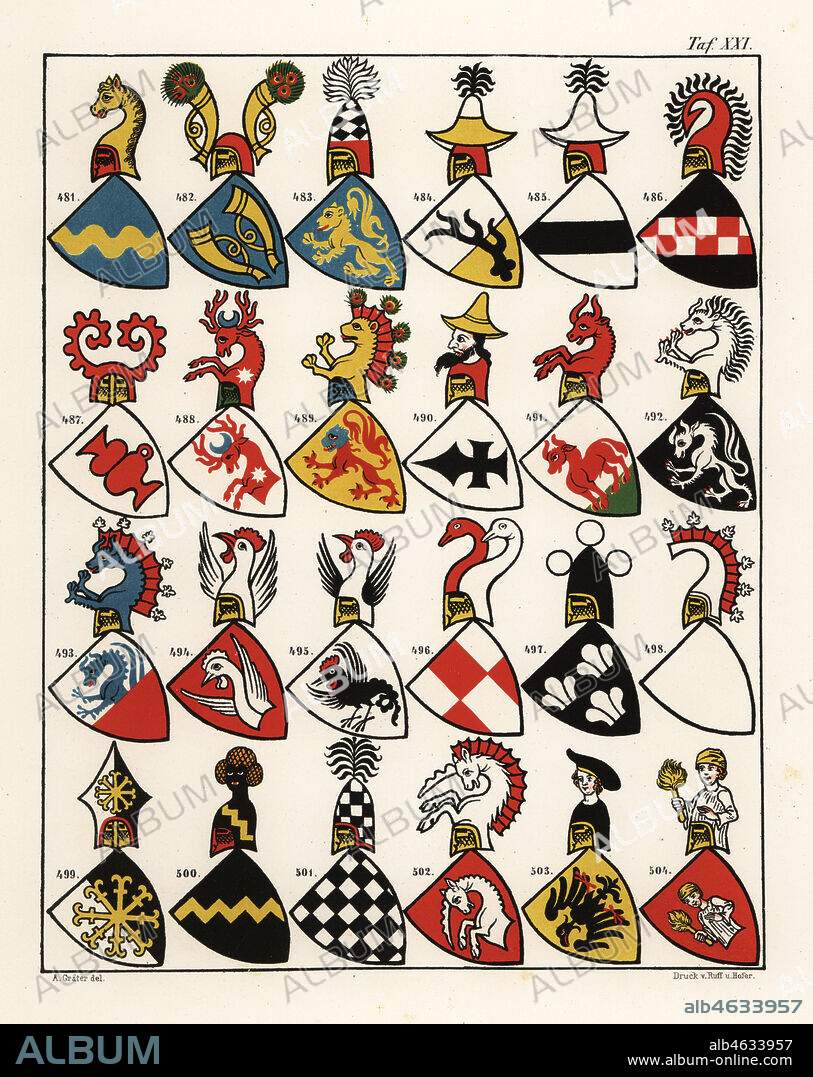 Swiss coats of arms, c. 1340. Chromolithograph by A. Graeter from Die Wappenrolle von Zurich, The Zurich Armorial, Antiquarische Gesellschaft in Zurich, 1860. Reprint of a 14th century manuscript roll of arms showing the heraldry of the Holy Roman Empire with 559 coats of arms and 28 flags of bishoprics in Switzerland.