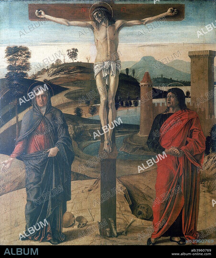 'The Crucifixion', 1465. Christ is on the cross with the spear wound in his side. The Virgin Mary and St John the Apostle stand at the foot of the cross. From the collection of the Louvre, Paris.