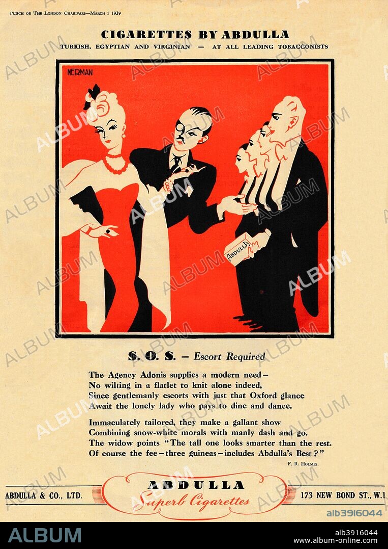 'Cigarettes by Abdulla - S.O.S. - Escort Required', 1939. From Punch, or the London Charivari. - March 1, 1939. [Messrs. Bradbury, Agnew & Co., Limited, London, 1939].