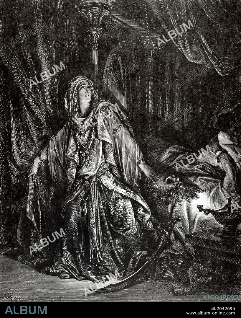 JUDITH C.13. Grabado representando a Judith tras cortarle la cabeza al general asirio HOLOFERNES. Grabado por Pannemarker. "La Biblia en imágenes de Gustavo Doré".
