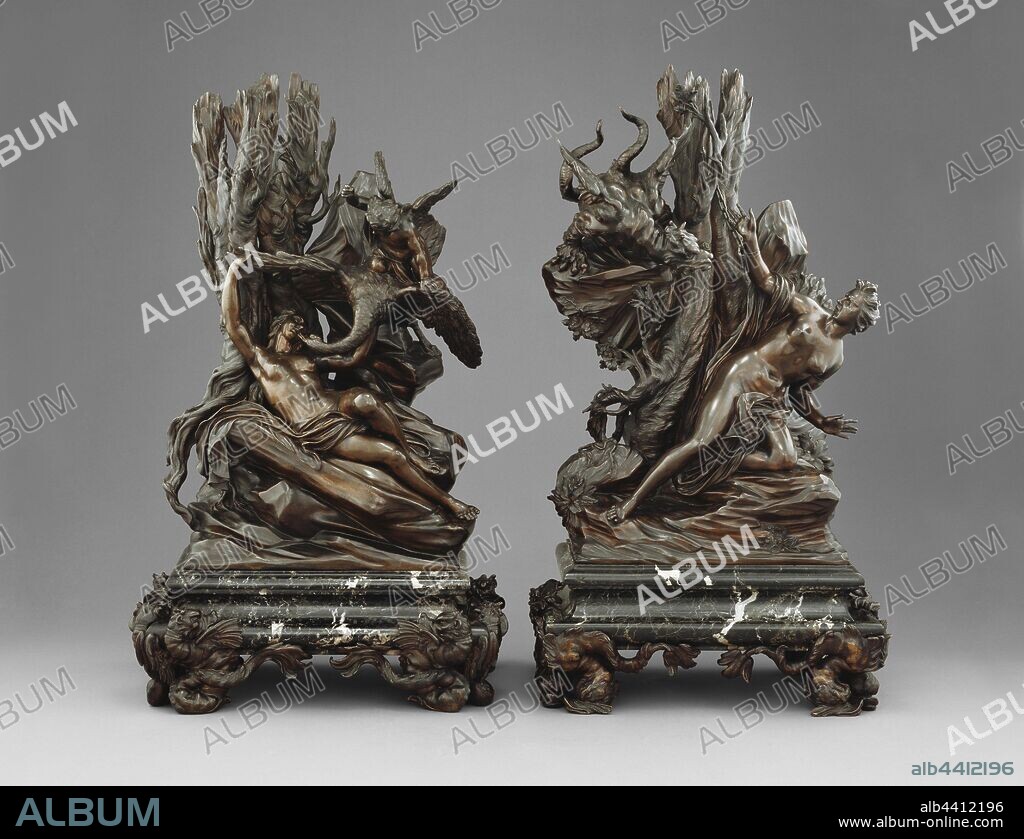 Andromeda and the Sea-Monster, Leda and the Swan, Massimiliano Soldani-Benzi (Italian, 1656 - 1740), Italy, designed before 1717, cast about 1725, Bronze on grey-green marble bases with bronze mounts.