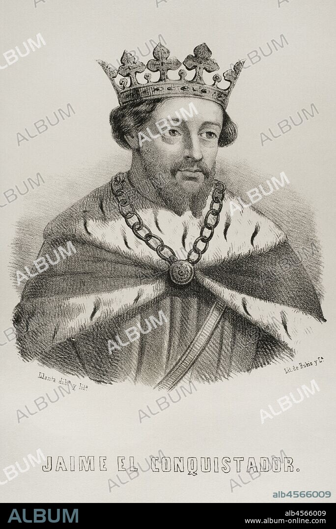 James I the Conqueror (1208-1276). Count of Barcelona and King of Aragon (1213-1276), Valencia (1239-1276) and Majorca (1229-1276). Illustration by Santaigo Llanta. Portrait. Lithography. Cronica General de Espa–a, Historia Ilustrada y Descriptiva de sus Provincias. Aragon, 1866.
