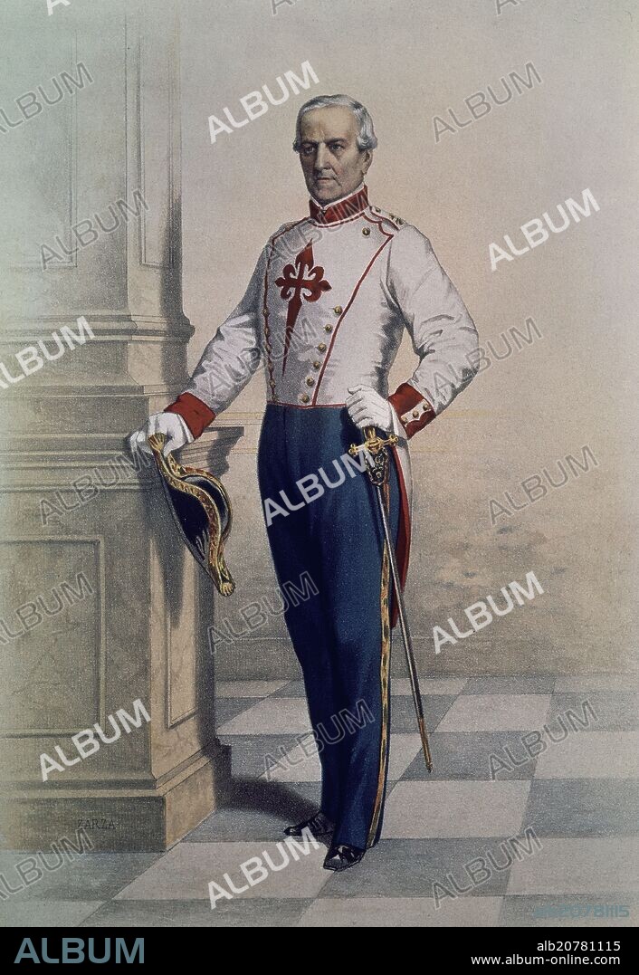 CABALLERO DE LA ORDEN DE SANTIAGO CON UNIFORME DE OFICIAL - GRABADO SIGLO XIX.