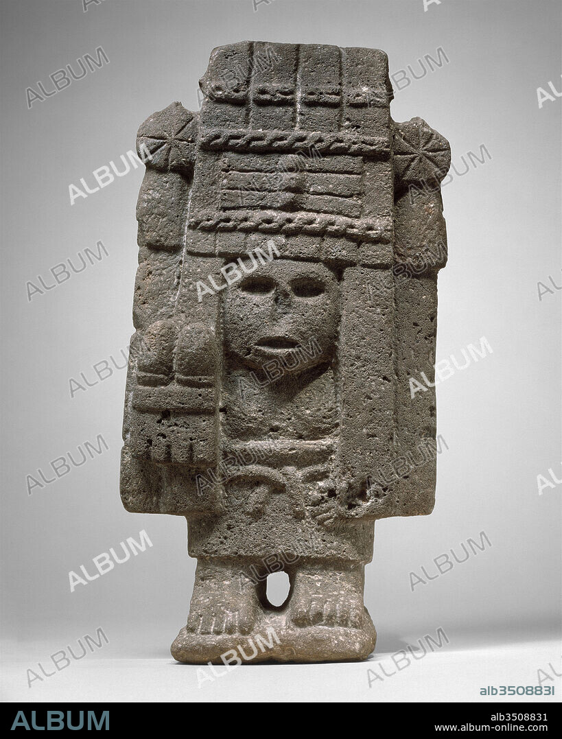 Maize Deity (Chicomecoatl), 15th–early 16th century, Mexico, Mesoamerica, Aztec, Basalt, Overall: 14 x 7 1/8 x 3 1/2 in. (35.56 x 18.11 x 8.89 cm), Stone-Sculpture, Among the many female deities worshipped by the Aztecs, those responsible for agricultural fertility held a prominent place. This sculpture depicts Chicomecoátl (seven serpents), a goddess of sustenance, especially of edible plants and corn.