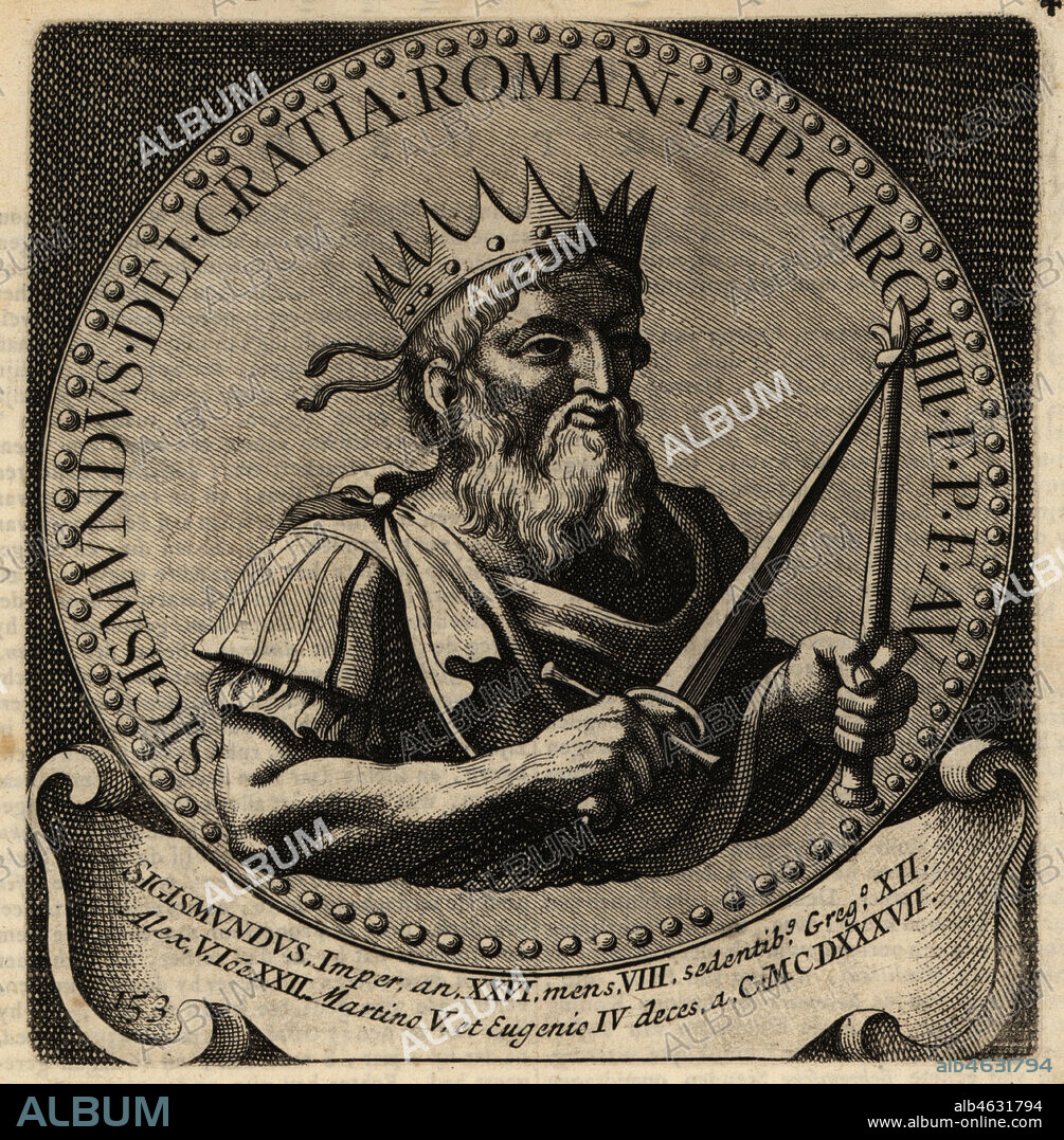 Holy Roman Emperor Sigismund, 1368-1437. Sigismundus, King of Hungary, King of Germany, King of Bohemia, King of Italy, Sigismund of Luxembourg With crown, sceptre and dagger. Copperplate engraving from Abraham Bogaerts De Roomsche Monarchy, The Roman Monarchy, Francois Salma, Utrecht, 1697.