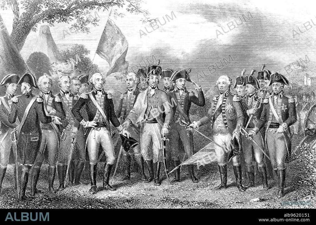 Battle of Yorktown, Virginia, American War of Independence, 1781. British commanders Charles, Marquis of Cornwallis (1738-1805), O'Hara and Chewton surrendering their swords to George Washington. The Defeat of the British at Yorktown proved decisive. It was the last military engagement of any significance in the Revolutionary War and two years later, Britain recognised the independence of the United States by signing the Treaty of Paris.