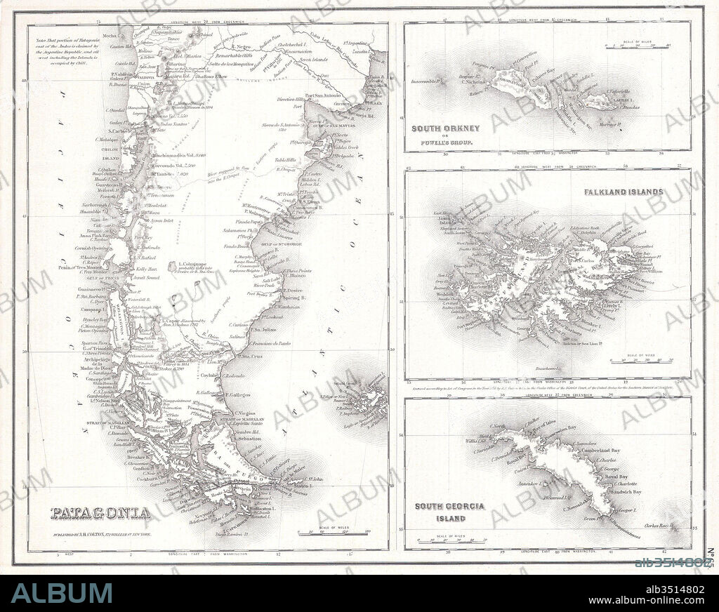 1855, Map of Patagonia, Argentina, Falkland Islands.