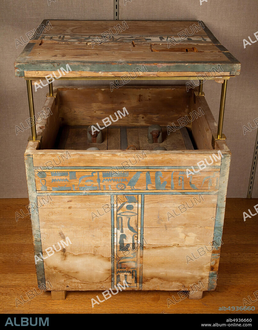 Canopic Chest of Senbi, Middle Kingdom, Dynasty 12, Senwosret I to Senwosret II, ca. 19611878 B.C., From Egypt, Middle Egypt, Meir, Tomb B3 of the nomarch Senbi II, pit 1 (steward Senbi), Khashaba excavations, 191011, Wood (ziziphus sp.), paint, string, Chest with lid: H. 58.5 × W. 59.2 × D. 59 cm (23 1/16 × 23 5/16 × 23 1/4 in.); Inner lid: W. 50 × D. 51.2 cm (19 11/16 × 20 3/16 in.).