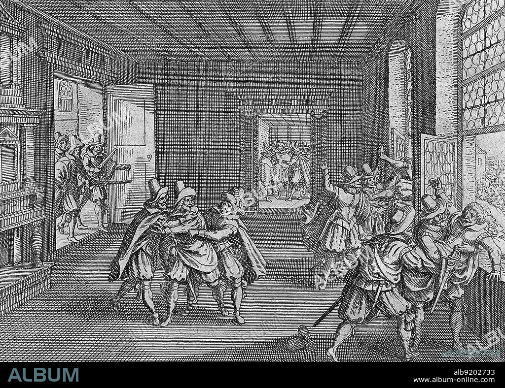 Matthäus Merian's impression of the 1618 Defenestration of Prague. Defenestration is the act of throwing someone out of a window. The term was coined around the time of an incident in Prague Castle in the year 1618, which became the spark that started the Thirty Years' War. A similar incident occurred in Prague's City Hall 200 years earlier in 1419, which led to the Hussite war. Engraving from 1662.