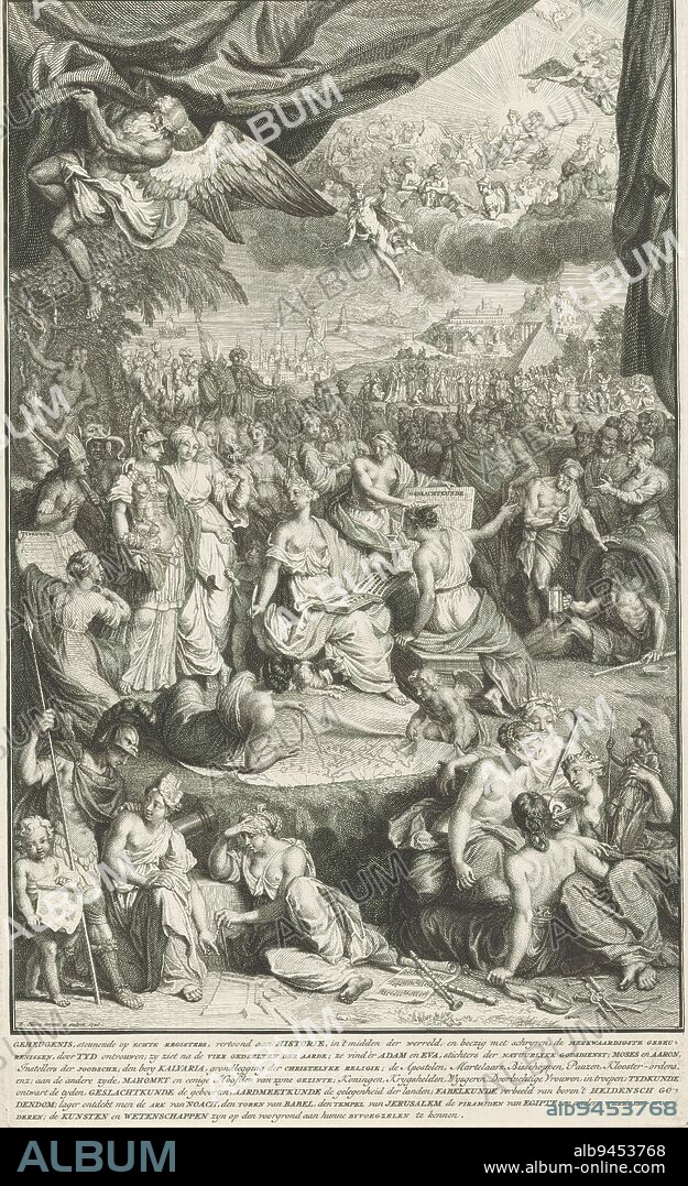 Allegory with History writing history, Title page for: A.G. Luïscius, The general historical, geographic and genealogical dictionary, 1724-1737, Allegorical representation, revealed by Father Time, with History surrounded by a crowd of characters symbolizing the different continents. She is accompanied by Genealogy, showing her a family tree, Chronology, with tablet in hand, Geography, drawing the world map with her compass, and Mnemosyne, goddess of memory, pointing to Diogenes. In the foreground the personifications of the arts with their attributes. On the left in the background Adam and Eve, Mohammed, Moses and Aaron. Right in the background monuments including the Colossus of Rhodes, the Tower of Babel, Golgotha, pyramids and the Temple of Solomon. In the clouds an assembly of the Olympic gods. In the margin a seven-line caption in Dutch., print maker: Bernard Picart, (mentioned on object), after own design by: Bernard Picart, (mentioned on object), 1726 and/or 1724 - 1737, paper, etching, engraving, height 370 mm × width 222 mm.