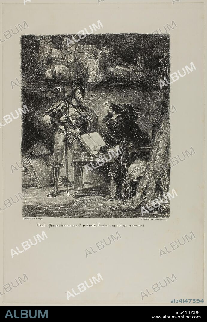 EUGENE DELACROIX. Mephistopheles Appearing to Faust, from Faust. Eugène Delacroix; French, 1798-1863. Date: 1828. Dimensions: 262 × 215 mm (image); 427 × 286 mm (sheet). Lithograph in black on ivory wove paper. Origin: France.