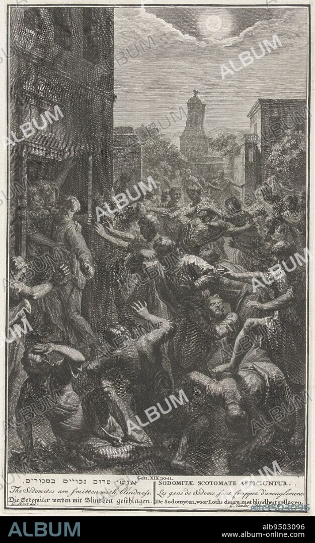 Sodomites struck with blindness, Gilliam van der Gouwen, after Gerard Hoet (I), 1728, Two angels are attacked by the inhabitants of Sodom. The Sodomites are struck with blindness (Gen. 19:10-11). The print has a Hebrew, Latin, French, English, German and Dutch caption., print maker: Gilliam van der Gouwen, (mentioned on object), intermediary draughtsman: Gerard Hoet (I), (mentioned on object), publisher: Pieter de Hondt, print maker: Amsterdam, publisher: The Hague, 1728, paper, engraving, etching, w 215 mm × h 355 mm.