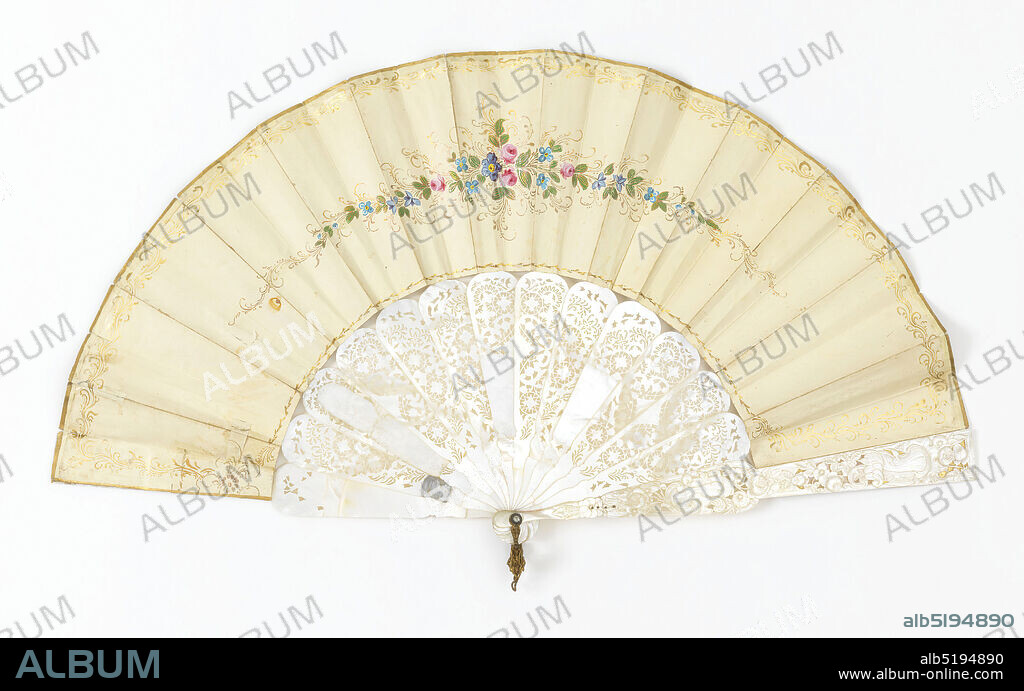 Pleated fan, Paper leaf with gilded and hand-colored lithograph; carved and pierced mother-of-pearl sticks, Fan with lithograph showing a pastoral scene with musicians surrounded by gilded Rococo-style scrolls, mounted on pierced mother-of-pearl sticks; verso: flowers on a white ground., possibly France, possibly Germany, ca. 1840, costume & accessories, Pleated fan.