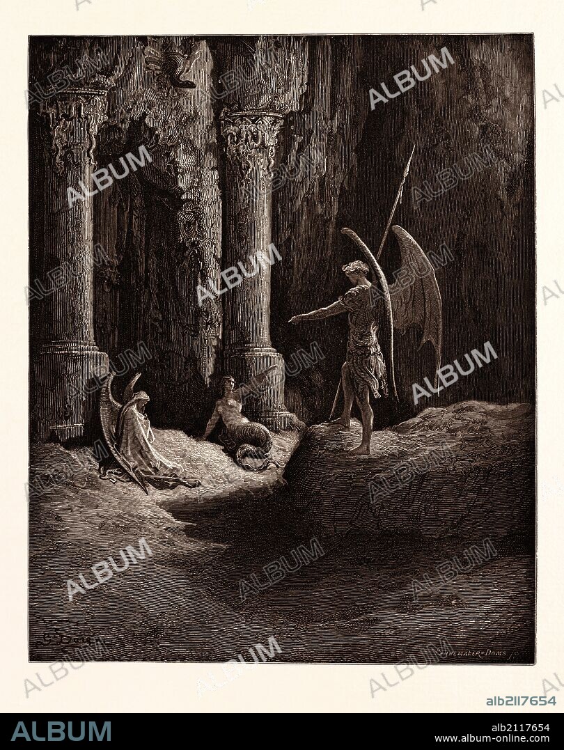 SATAN AT THE GATES OF HELL, BY GUSTAVE DORÉ. Dore, 1832 - 1883, French. Engraving for Paradise Lost by Milton. 1870, Art, Artist. Wood engraving by Pannemaker and Doms after Gustave Dore, with signatures in the print. romanticism, colour, color engraving.