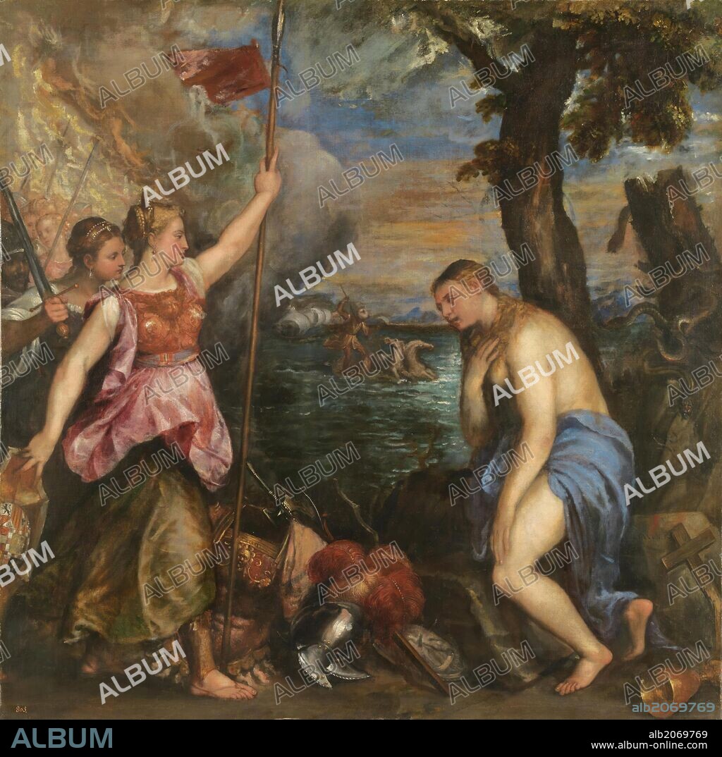 Vecellio di Gregorio Tiziano / 'La Religión socorrida por España', 1572-1575, Escuela Italiana, Óleo sobre Lienzo, 168 cm x 168 cm, P00430.