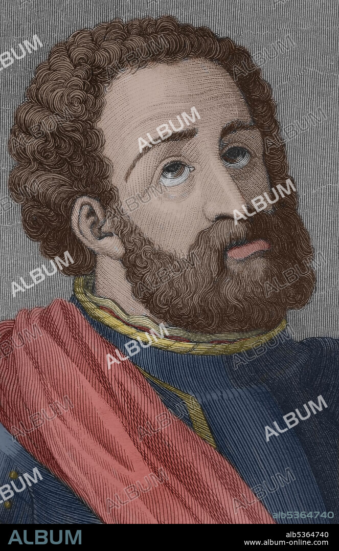 ANTONIO ROCA SALLENT (1814-1864). SPANISH ENGRAVER.. Rodrigo Díaz de Vivar, known as El Cid Campeador (c. 1043-1099). Castilian nobleman, knighted by the Infante Sancho. He took part in the battles of Llantada and Golpejera against Alfonso VI, and in the Siege of Zamora. Portrait. Engraving by Antonio Roca. Detail. Later colouration. Las Glorias Nacionales. Volume II, Madrid-Barcelona edition, 1853.
