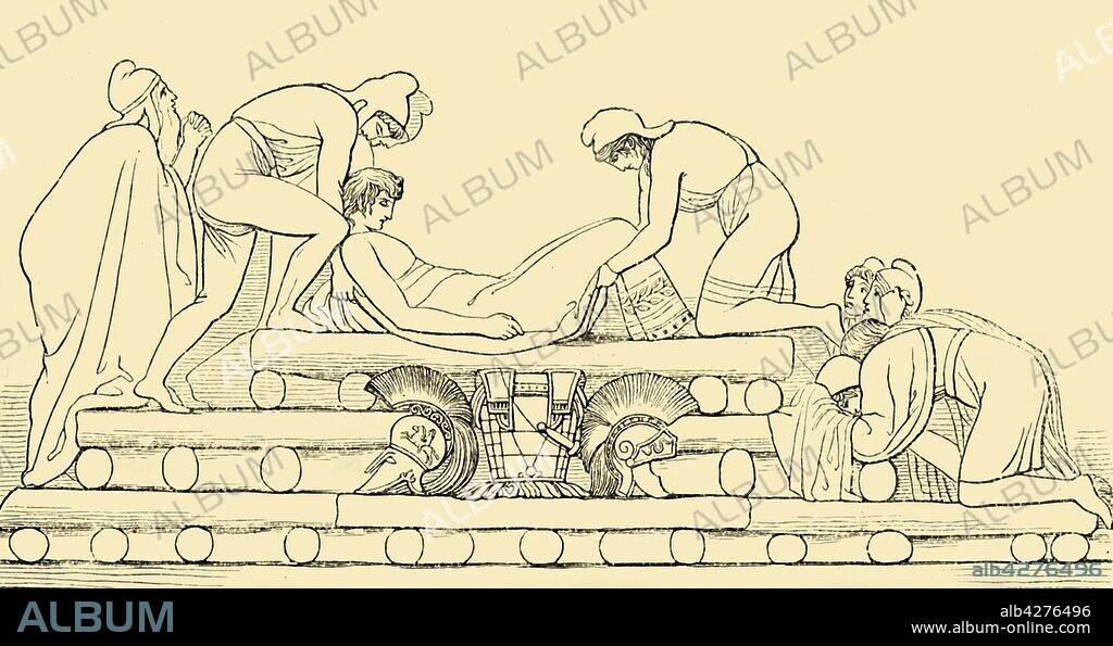 'The Funeral of Hector', 1890. In Greekand Roman mythology, Hector was a Trojan prince and hero of Troy in the Trojan War. Killed by Achilles his body was dragged through the dirt before being  reclaimed by King Priam. From "Cassell's Illustrated Universal History, Vol. I - Early and Greek History", by Edmund Ollier. [Cassell and Company, Limited, London, Paris and Melbourne, 1890].