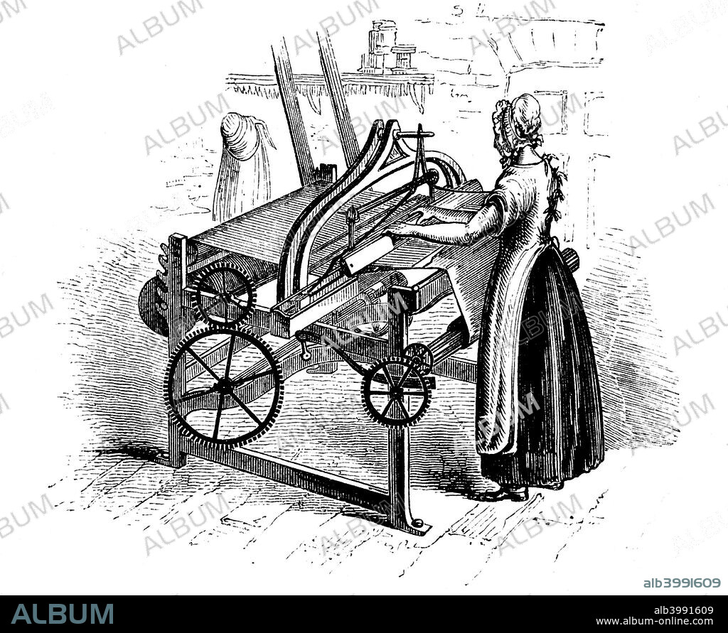 Woman operating a power loom for weaving cotton, c1840. The model illustrated is that invented by Roberts (c1815-1820). Belting connecting to the drive shaft is shown at centre back of the picture.