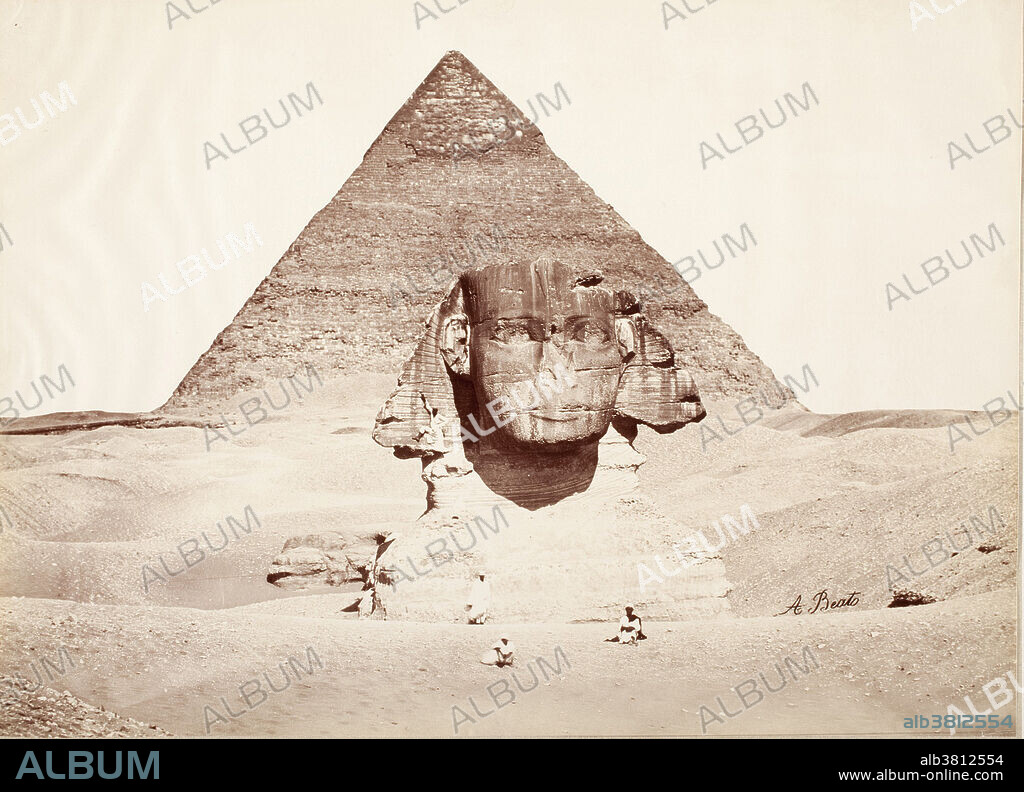 Sphinx and Pyramid photographed by Antonio Beato, Egypt, circa 1860. Albumen print. The Great Sphinx of Giza is a limestone statue of a reclining sphinx (a mythical creature with a lion's body and a human head) that stands on the Giza Plateau on the west bank of the Nile in Giza, Egypt. It is the largest monolith statue in the world, standing 241 feet long, 63 feet wide, 66 feet high. It is the oldest known monumental sculpture, and is commonly believed to have been built by ancient Egyptians of the Old Kingdom during the reign of the Pharaoh Khafra (2558-2532 BC). The Pyramid of Khafre, is the second tallest and second largest of the ancient Egyptian Pyramids of Giza and the tomb of the fourth dynasty Pharaoh Khafre. The pyramid has a base length of 706 feet and rises to a height of 448 feet (originally 471 feet).