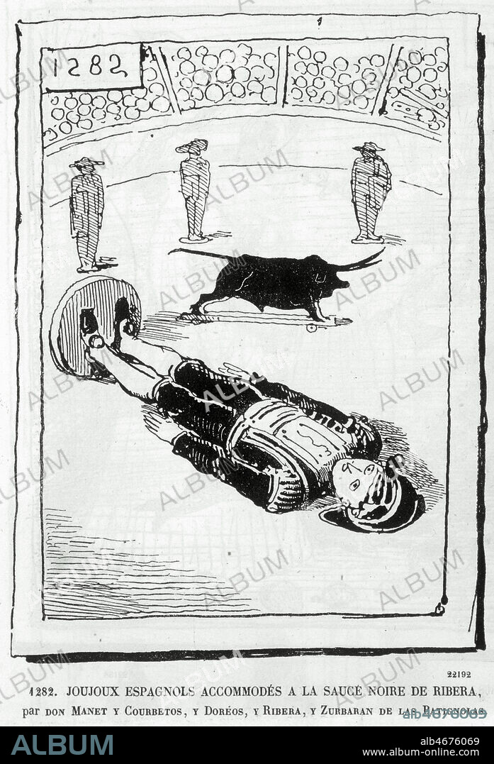 Caricature du tableau de MANET 'Episode d'un combat de taureaux' par BERTALL (1820-1882) in. Le Journal Amusant du 21/05/1864. Credit : Collection KHARBINE-TAPABOR.