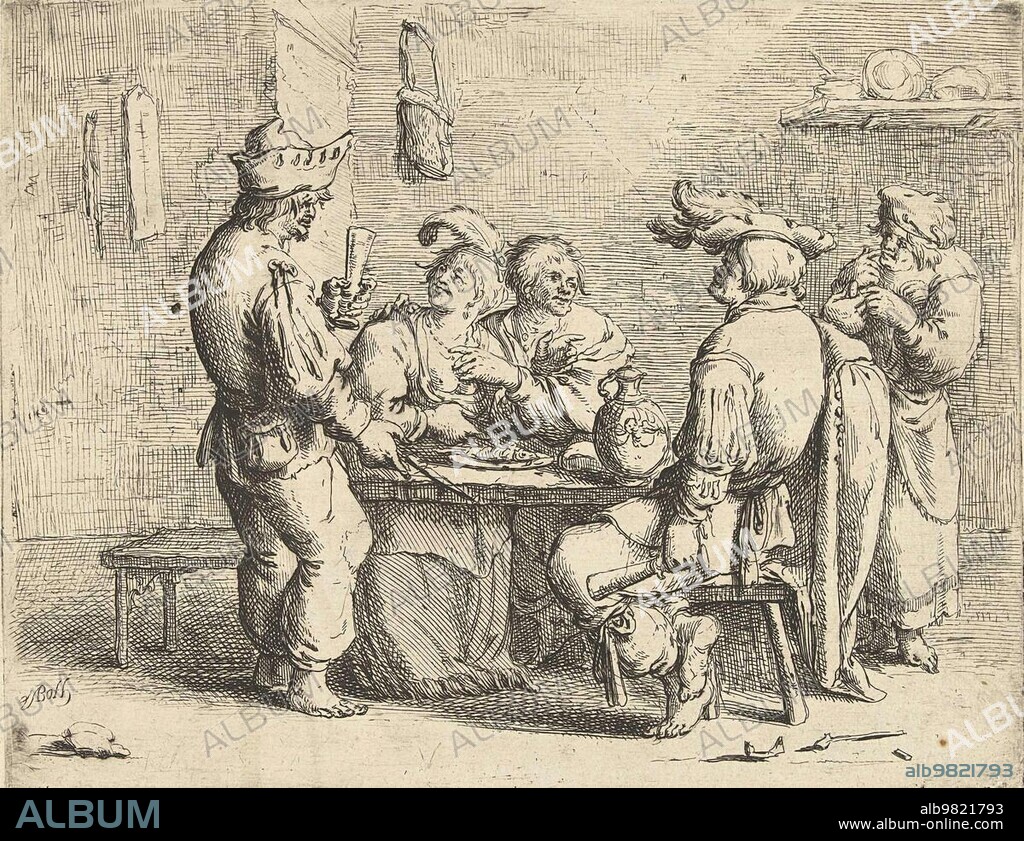 Prostitution; Three peasants and a woman at a table in a brothel; 1622; Historical; digitally restored reproduction from a 19th century original.