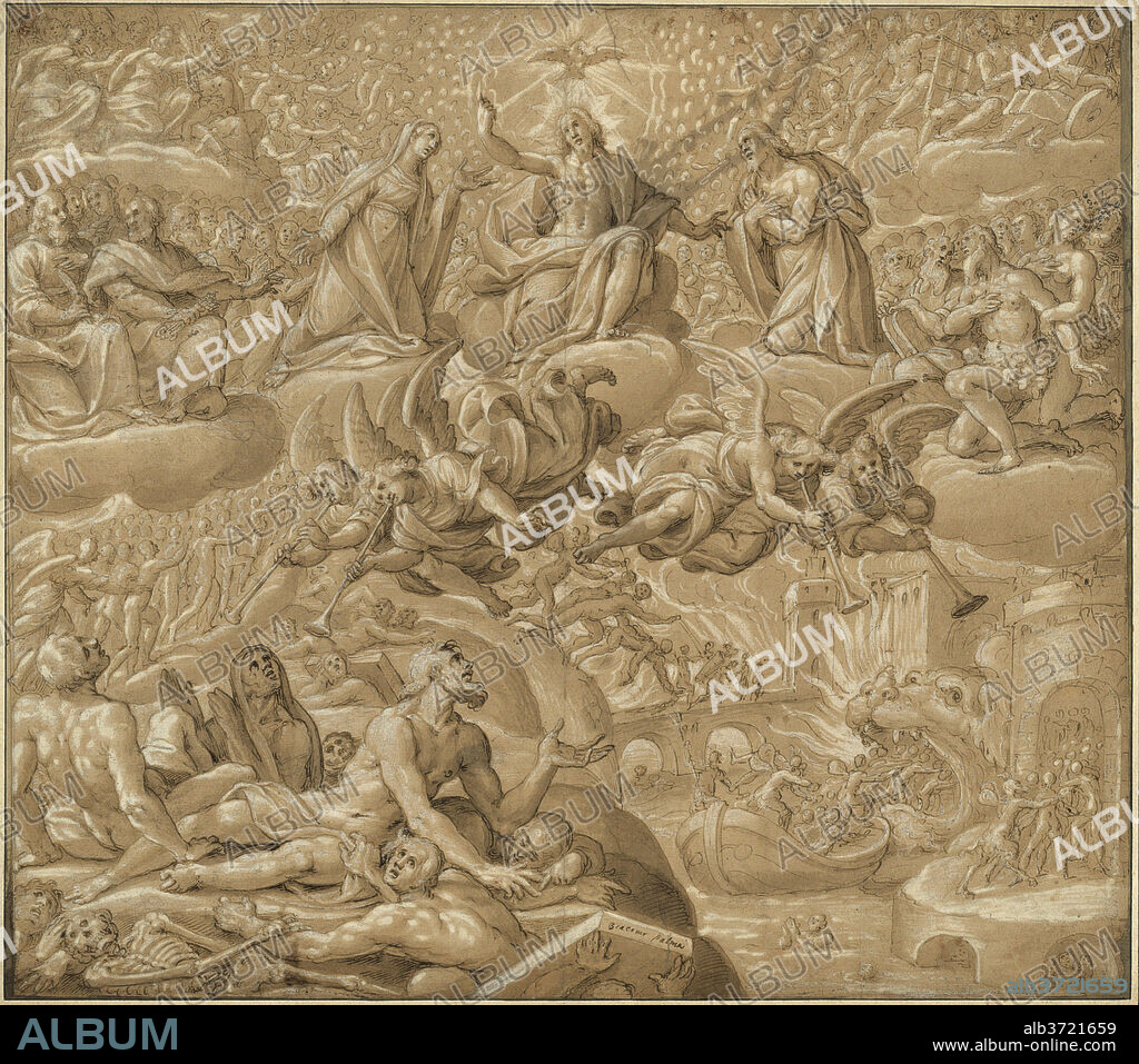 GIOVANNI MAURO DELLA ROVERE. The Last Judgment. Dated: 1613/1614. Dimensions: sheet: 45.3 × 51 cm (17 13/16 × 20 1/16 in.)  mount: 50.17 × 63.66 cm (19 3/4 × 25 1/16 in.). Medium: pen and brown ink with brush and brown wash and white heightening over traces of graphite on brown prepared paper, laid down on an eighteenth-century mount.