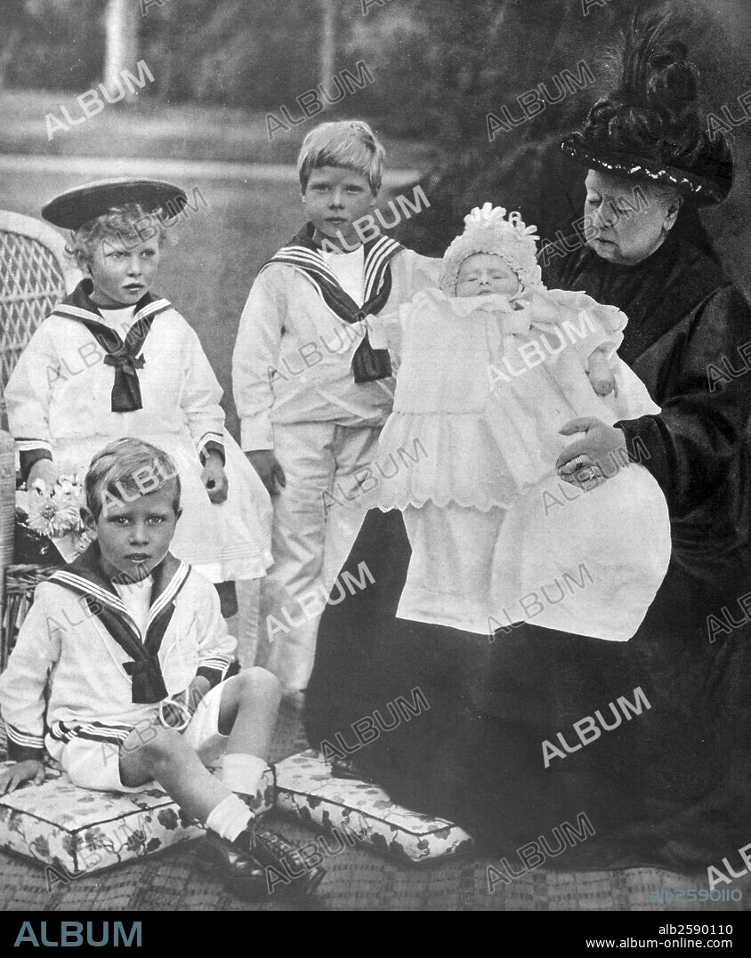Photograph of Queen Victoria (1819-1901) and her Great Grandchildren. Pictured with her is Prince of Wales, the Princess Royal, the Duke of York and Duke of Gloucester. Dated 1898.