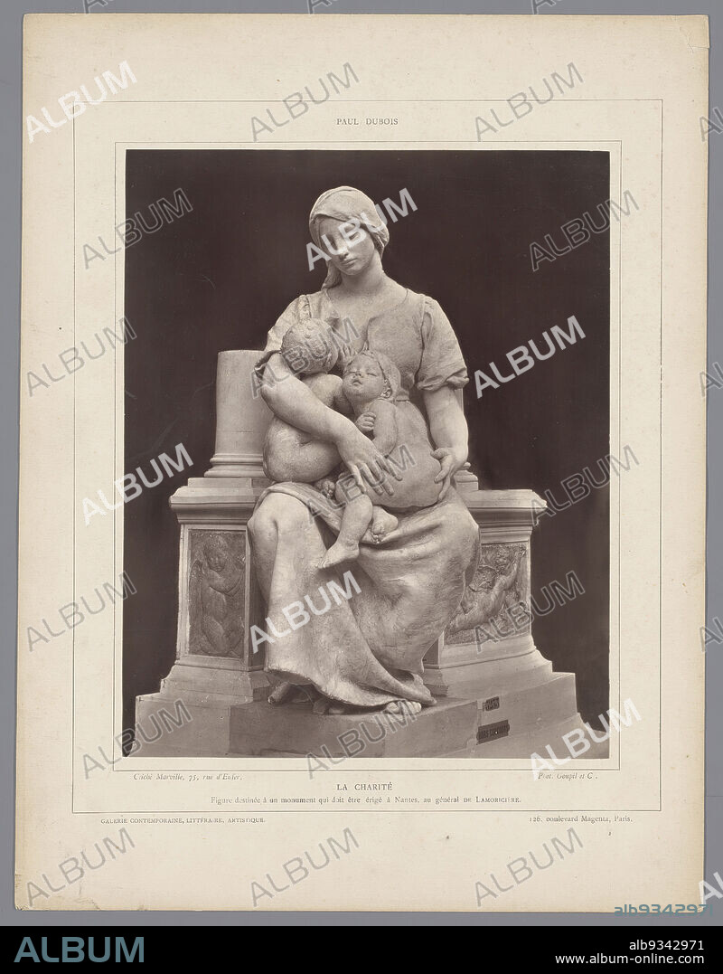 Sculpture La Charité by Paul Dubois, French sculptor, 1829-1905, Galérie contemporaine, littéraire, artistique (series title), Photograph of sculpture La Charité by Paul Dubois, mother with downcast eyes and two children in her lap, behind which is a pedestal with relief of angels and the base of a pillar. Plate from magazine., Charles Marville (mentioned on object), printer: Goupil & Cie. (mentioned on object), Paris, in or after 1876 - in or before 1884, paper, photographic support, height 235 mm × width 187 mmheight 347 mm × width 265 mm.