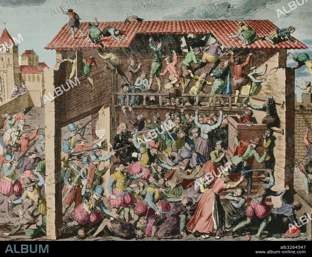 France. Massacre of Vassy. Murder of Huguenot worshipers and citizens in an armed action by troops of Francis, Duke of Guise, in Wassy, France on 1 March 1562. Starting of French Wars of Religion. Engraving. Colored.