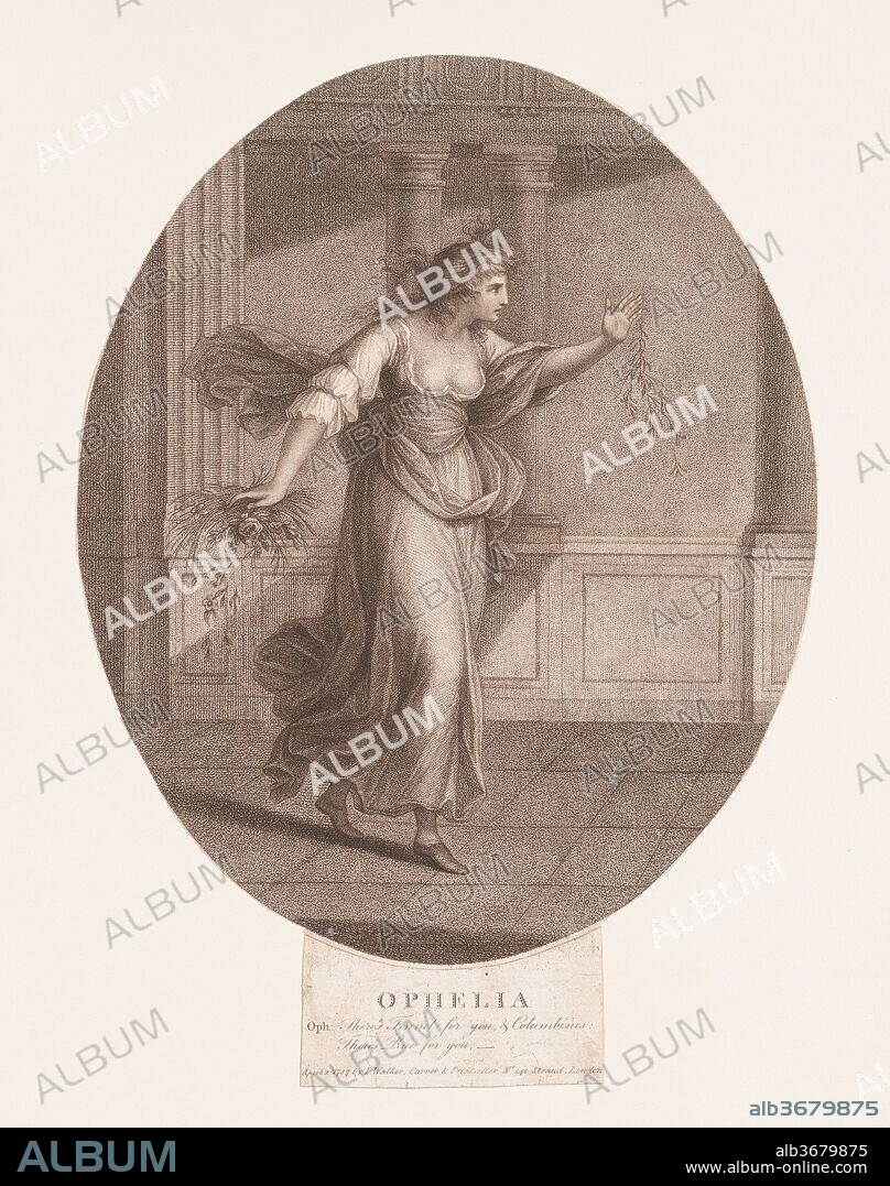 Ophelia: "There's fennel for you, and columbines" (Shakespeare, Hamlet, Act 4, Scene 5). Artist: After Giovanni Battista Cipriani (Italian, Florence 1727-1785 Hammersmith (active London)). Dimensions: Sheet (trimmed within plate): 13 1/8 × 9 5/16 in. (33.3 × 23.7 cm). Engraver: William Wynne Ryland (British, baptized London 1732-1783 London). Publisher: John Walker (British, active 1776-1802). Subject: William Shakespeare (British, Stratford-upon-Avon 1564-1616 Stratford-upon-Avon). Date: 1787.
Ophelia appears here in act 4 of Shakespeare's play, her mind unhinged by her father's murder. Singing and crowned with weeds, she offers herbs and flowers to her brother, the queen and king. Soon after this scene, she will fall into a brook while picking flowers and drown. Ryland's print is based on a drawing by Cipriani.