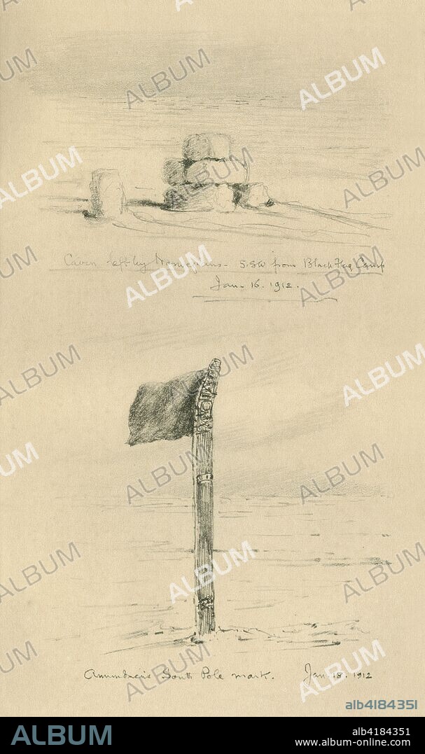 'Cairn Left By The Norwegians S.S.W. from Black Flag Camp, [16 January 1912], and Amundsen's South Pole Mark', [18 January 1912], (1913). Photogravure after a sketch by Dr Edward A Wilson 'with wind blowing at a temperature of minus 22 degrees'. Wilson (1872-1912) died with Scott on the return journey.The final expedition of British Antarctic explorer Captain Robert Falcon Scott (1868-1912) left London on 1 June 1910 bound for the South Pole. The Terra Nova Expedition, officially the British Antarctic Expedition (1910-1913), included a geologist, a zoologist, a surgeon, a photographer, an engineer, a ski expert, a meteorologist and a physicist among others. Scott wished to continue the scientific work that he had begun when leading the Discovery Expedition to the Antarctic in 1901-04. He also wanted to be the first to reach the geographic South Pole. Scott, accompanied by Dr Edward Wilson, Captain Lawrence Oates, Lieutenant Henry Bowers and Petty Officer Edgar Evans, reached the Pole on 17 January 1912, only to find that the Norwegian expedition under Amundsen had beaten them to their objective by a month. Delayed by blizzards, and running out of supplies, Scott and the remainder of his team died at the end of March. Their bodies and diaries were found eight months later. From Scott's Last Expedition, Volume I. [Smith, Elder & Co., London, 1913].