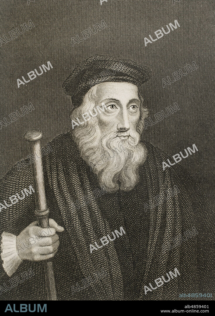 John Wyclif o Wycliffe (h. 1330-1384). Teólogo inglés. Fue condenado por atacar al Papa en el Gran Cisma de Occidente (1378). Tras su muerte, sus doctrinas serían aún condenadas en 1415 durante el Concilio de Constanza (1414-1418). En 1428 sus restos fueron exhumados y se hizo quemar su cadáver. Retrato. Grabado. Historia de las persecuciones políticas y religiosas en Europa. Tomo I. Editado en Barcelona, 1863.