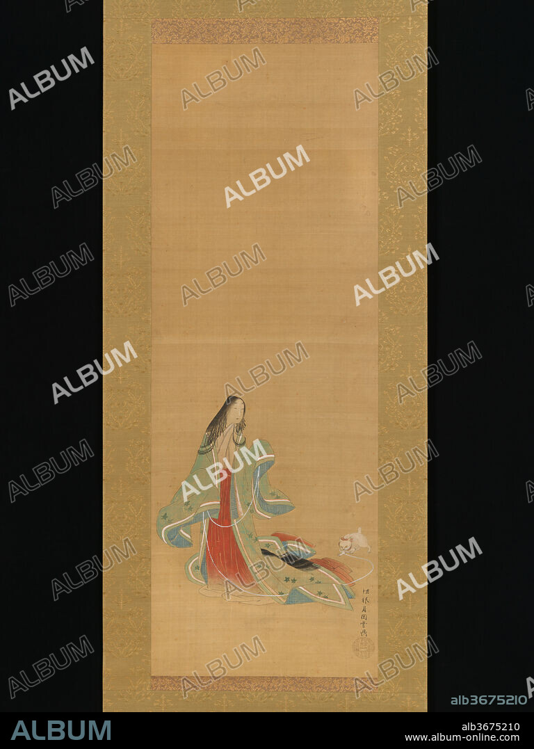 The Third Princess with her Cat, from the "New Herbs I" (Wakana I)
 chapter The Tale of Genji (Genji monogatari}. Artist: Tsukioka Settei (Japanese, 1710-1786). Culture: Japan. Dimensions: Image: 34 13/16 × 12 7/16 in. (88.5 × 31.6 cm)
Overall with mounting: 70 1/4 × 17 13/16 in. (178.5 × 45.2 cm)
Overall with knobs: 70 1/4 × 19 3/4 in. (178.5 × 50.2 cm). Date: 18th century.
The focal point of one of the tragic romances in the second half of The Tale of Genji is the childlike Third Princess, whom Genji takes to wife in his middle years. While pursuing her runaway cat, the young girl emerges from her living quarters and is seen by Kashiwagi, son of Genji's best friend, who falls in love with her. This results in a clandestine relationship, Kashiwagi's guilt-inspired illness and death, and an infant passed off--with Genji's unspoken knowledge of the truth--as Genji's offspring.
Settei, born in Omi Province, lived and worked in Osaka as an ukiyo-e painter and print artist, designing numerous printed books and producing paintings of beautiful women dressed in the height of contemporary fashion. Many of these were geisha and courtesans, although his late works also included courtly subject matter.