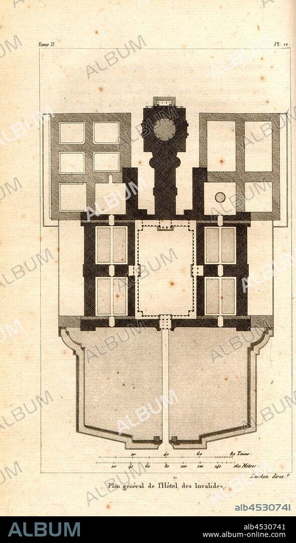 General plan of the Hôtel des Invalides, Floor plan Hôtel des Invalides in Paris, Pl. 12, after p. 60, p. 87, Landon (direxit), J. G. Legrand; C. P. Landon: Description de Paris et de ses édifices: avec un précis historique et des observations sur le caractère de leur architecture, et sur les principaux objets d'art et de curiosité qu'ils renferment. Seconde édition, corrigée avec soin dans toutes ses Parties, et considérablement augmentée. Bd. 2. Paris. Strasbourg. Treuttel et Würtz, 1818.