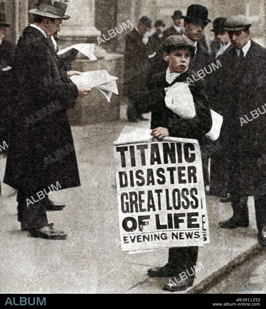 Newspaper boy with news of the Titanic disaster, 14 April 1912. Evening News headlines: Titanic Disaster -  Great Loss of Life. Operated by the White Star Line, RMS Titanic struck an iceberg in thick fog off Newfoundland on 14 April 1912. She was the largest and most luxurious ocean liner of her time, and thought to be unsinkable. In the collision five of her watertight compartments were compromised and she sank. Out of the 2228 people on board, only 705 survived. A major cause of the loss of life was the insufficient number of lifeboats she carried. (Colorised black and white print).
