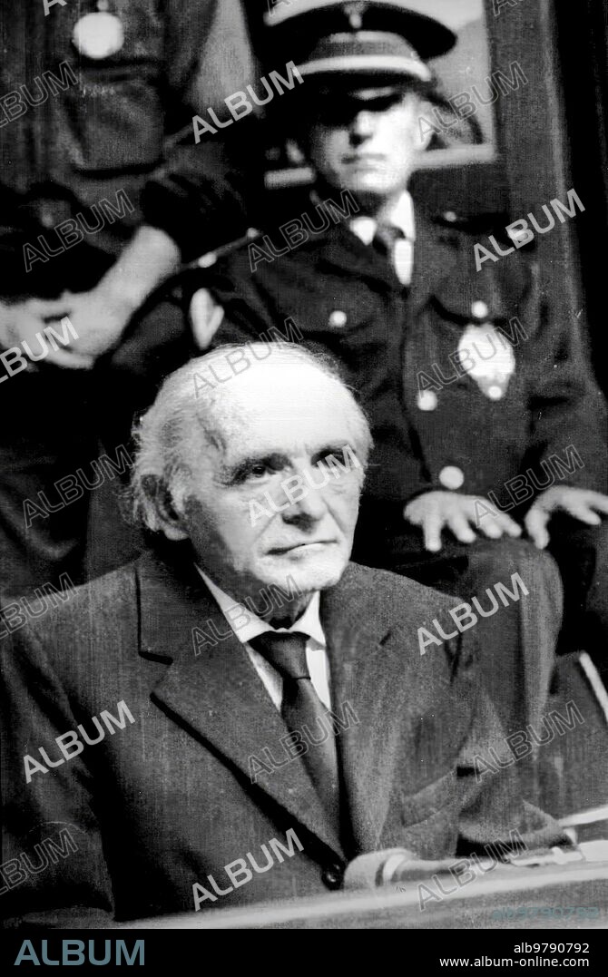 Lyon (France), January 1987. Klaus Barbie, the "butcher of Lyon", during his trial in January 1987. He was arrested in 1983 in Bolivia and sentenced to life imprisonment in July 1987. His trial was allowed to be filmed, despite the strict French regulations on the presence of cameras in courts, due to their high historical value.