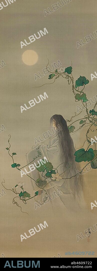 TSUKIOKA YOSHITOSHI. The Spirit of the Deceased Yugao Entwined in Moonflower Vines, based on the print "The Lady of the Evening Faces," from the series One Hundred Aspects of the Moon (Tsuki hyakushi: Genji Yugao no maki) , ca. 1892.