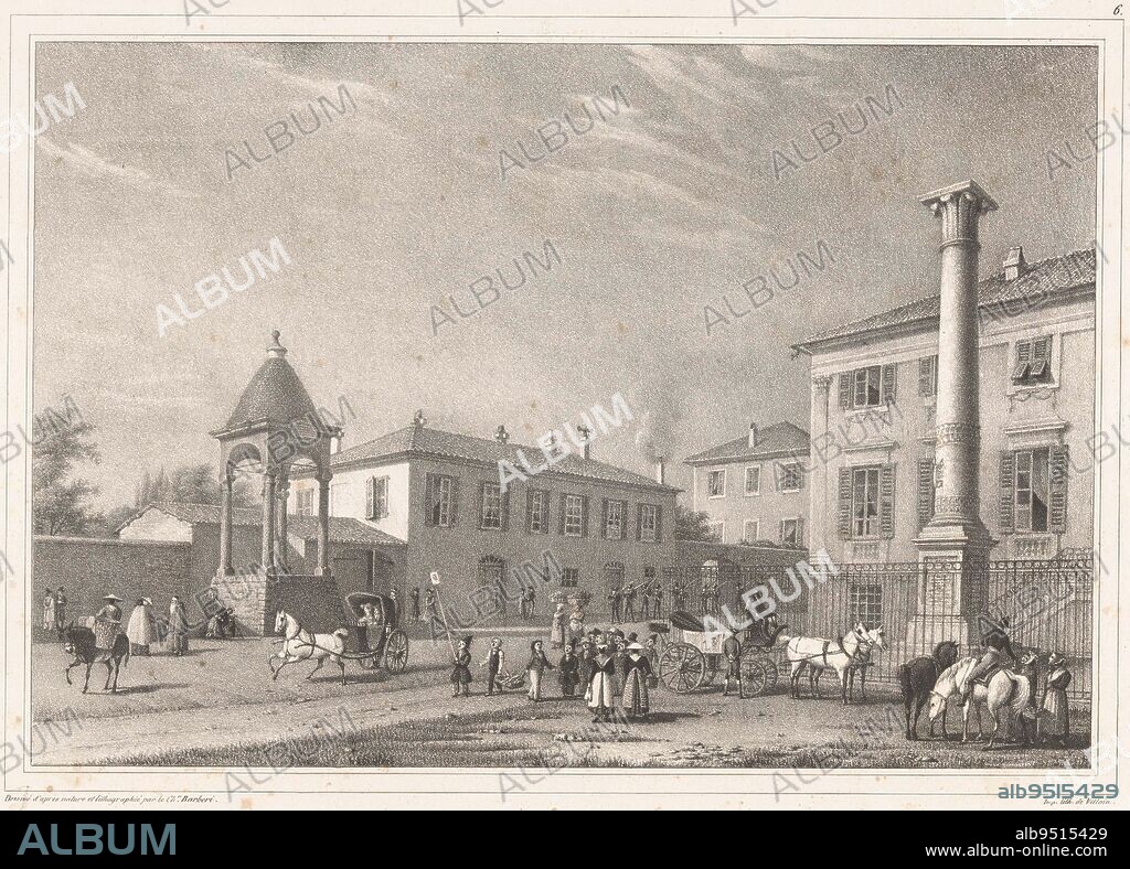 View of the marble cross and pillar of Pope Pius VII in Nice Vue de la Croix de Marbre et de la colonne , print maker: Paul-Émile Barberi, (mentioned on object), intermediary draughtsman: Paul-Émile Barberi, (mentioned on object), printer: François Jean Villain, (mentioned on object), printer: Paris, publisher: Nice, 1834, paper, h 270 mm × w 365 mm.