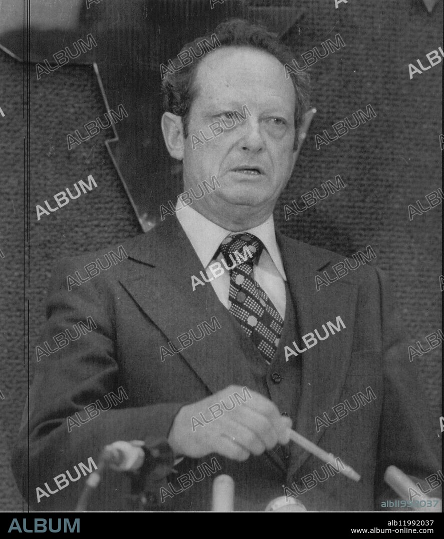 Israeli foreign minister Yigal Allon during a press conference at the International Press Centre in Brussels. 1977.