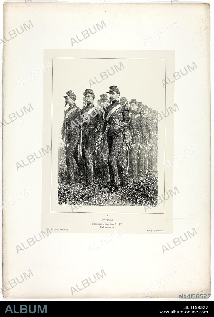 Artillery men, from Souvenirs d'Italie: Expédition de Rome. Denis Auguste Marie Raffet (French, 1804-1860); printed by Auguste Bry (French, 19th century); published by Chez Gihaut Frères (French, 19th century). Date: 1858. Dimensions: 232 × 192 mm (image); 355 × 254 mm (primary support); 570 × 402 mm (secondary support). Lithograph in black on ivory wove chine laid down on ivory wove paper. Origin: France.