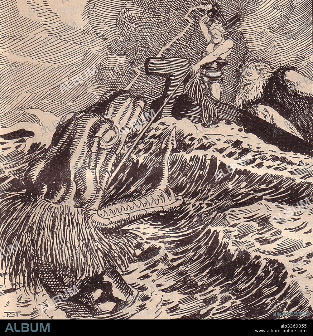 FRANZ STASSEN. Thor and Hymir Fishing the Midgard Serpent. Illustration for "The Edda: Germanic Gods and Heroes" by Hans von Wolzogen.