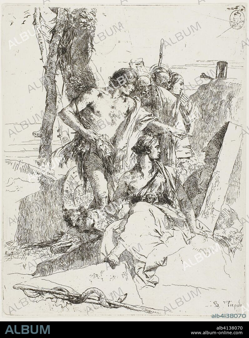 The Discovery of the Tomb of Punchinello, from Scherzi. Giambattista Tiepolo; Italian, 1696-1770. Date: 1735-1740. Dimensions: 229 x 180 mm (plate); 230 x 181 mm (sheet). Etching printed in black on paper. Origin: Italy.
