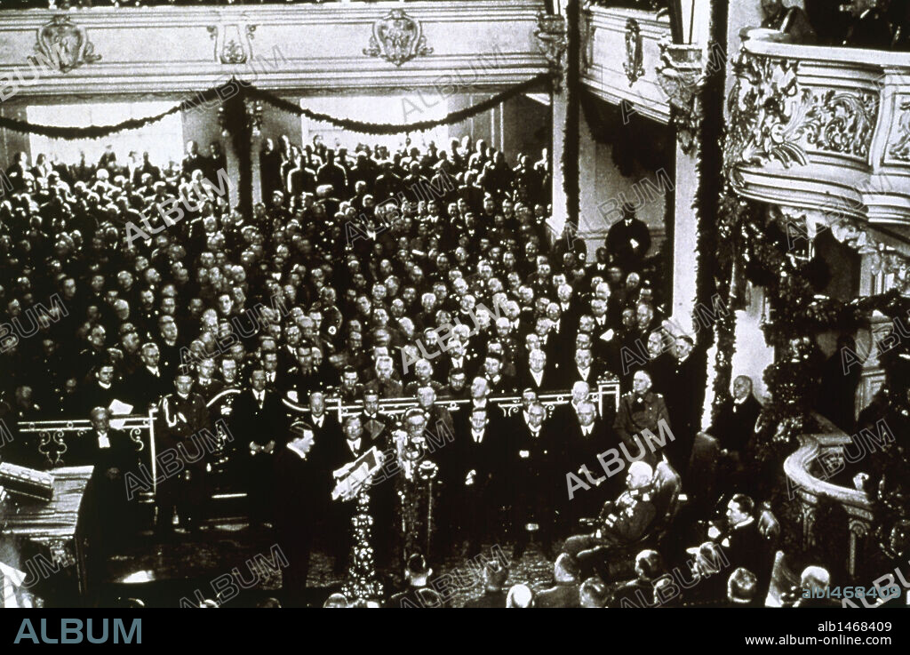 Constitution of the New Reichstag (1933, March 21). Garrison Church of Potsdam. The new chancellor Adolf Hitler giving a speech. Germany.