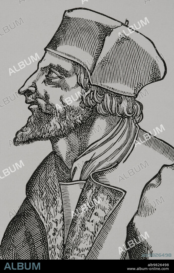 Jan Huss (1369-1415). Teólogo y filósofo checo. Reformador excomulgado en 1410 por propagar las doctrinas de Wycliffe. En 1414 asistió al Concilio de Constanza, donde fue juzgado y condenado a la hoguera por hereje. Este hecho desató la sublevación de sus seguidores, los husitas (1419-1434). Retrato. Grabado. "Vie Militaire et Religieuse au Moyen Age et à l'Epoque de la Renaissance". París, 1877.