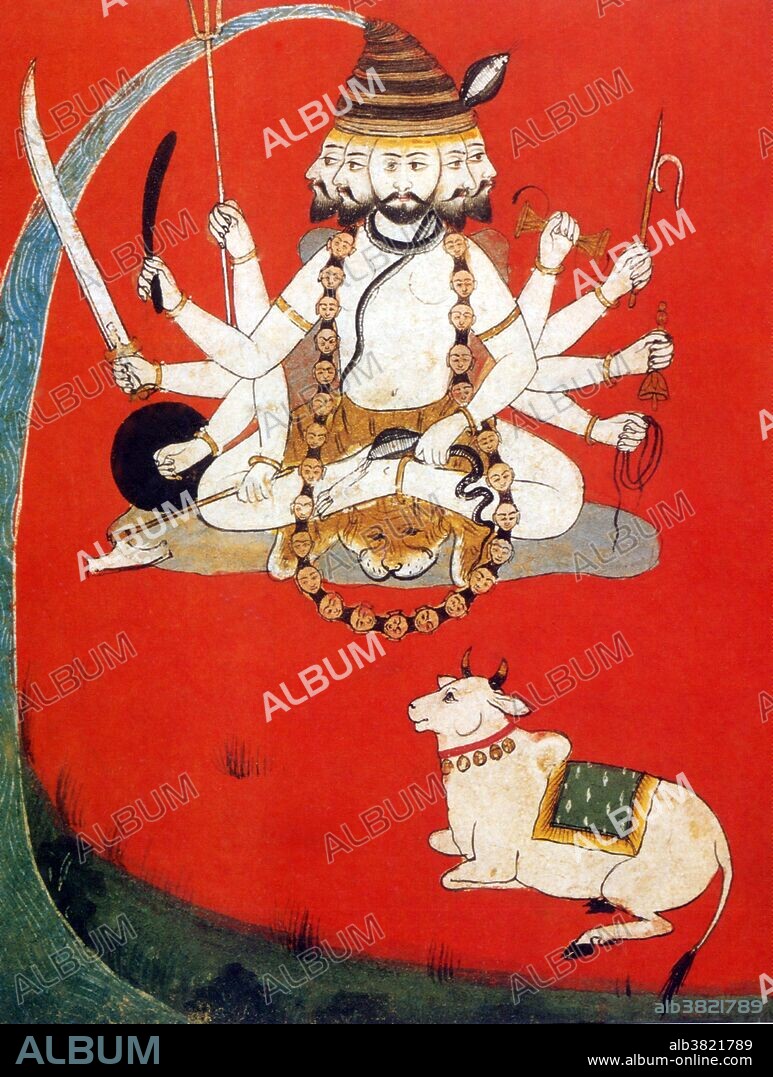 Shiva, clanked by the sacred bull Nandi, sits in meditation. Shiva is a Hindu deity. He is considered the Supreme God within Shaivism, one of the three most influential denominations in Hinduism. In other branches of Hinduism such as in the Smarta tradition, he is regarded as one of the five primary forms of God. He is the Destroyer or the Transformer among the Trimurti, the Hindu Trinity of the primary aspects of the divine. He is described as an omniscient yogi, who lives an ascetic life on Mount Kailash, as well as a householder with a wife Parvati and two sons, Ganesha and Kartikeya. Shiva has many benevolent as well as fearsome forms. He is often depicted as immersed in deep meditation, with his wife and children or as the Cosmic Dancer. In fierce aspects, he is often depicted slaying demons. Shiva is depicted as white, with a dark-blue throat, with several arms and three eyes. He carries a trident and rides a white bull. Nandi is the name for the bull which serves as the mount of the god Shiva and as the gate keeper of Shiva and Parvati.