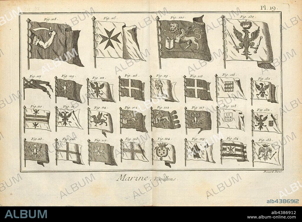 Marine, Pavilions 5, Flags, Signed: Benard Direx, Pl. 19, after p. 14, Benard (dir.), 1778, Denis Diderot; M. d'Alembert: Encyclopédie, ou dictionnaire raisonné des sciences, des arts et des métierss, des arts et des métiers. Genève: chez Pellet, MDCCLXXVIII [1778].