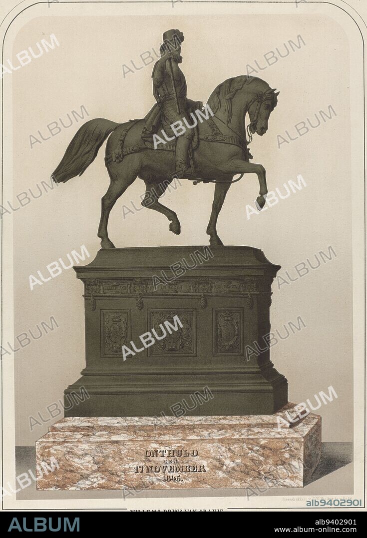 Equestrian statue of William I, Prince of Orange, at the Noordeinde in The Hague, anonymous, after Alfred Emile O'Hara de Nieuwerkerke, 1845 - 1903, Equestrian statue of William I by Alfred Emile O'Hara De Nieuwerkerke at the Noordeinde in The Hague., print maker: anonymous, Alfred Emile O'Hara de Nieuwerkerke, printer: Carl Wilhelm Mieling, (mentioned on object), print maker: Netherlands, printer: The Hague, 1845 - 1903, paper, h 600 mm × w 408 mm.