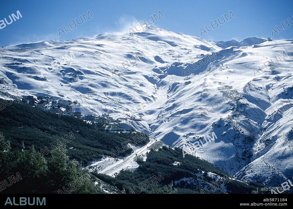 Sierra Nevada; mountain lanscape, ski center and pico Veleta mountain.