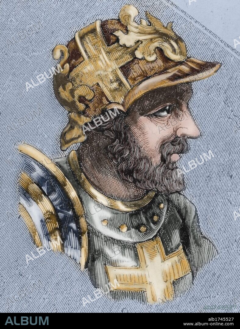 SISEBUTO. Rey visigodo (612 a 621). Sucesor de Gundemaro. Protector de la religión católica, las artes y las ciencias. Grabado coloreado.